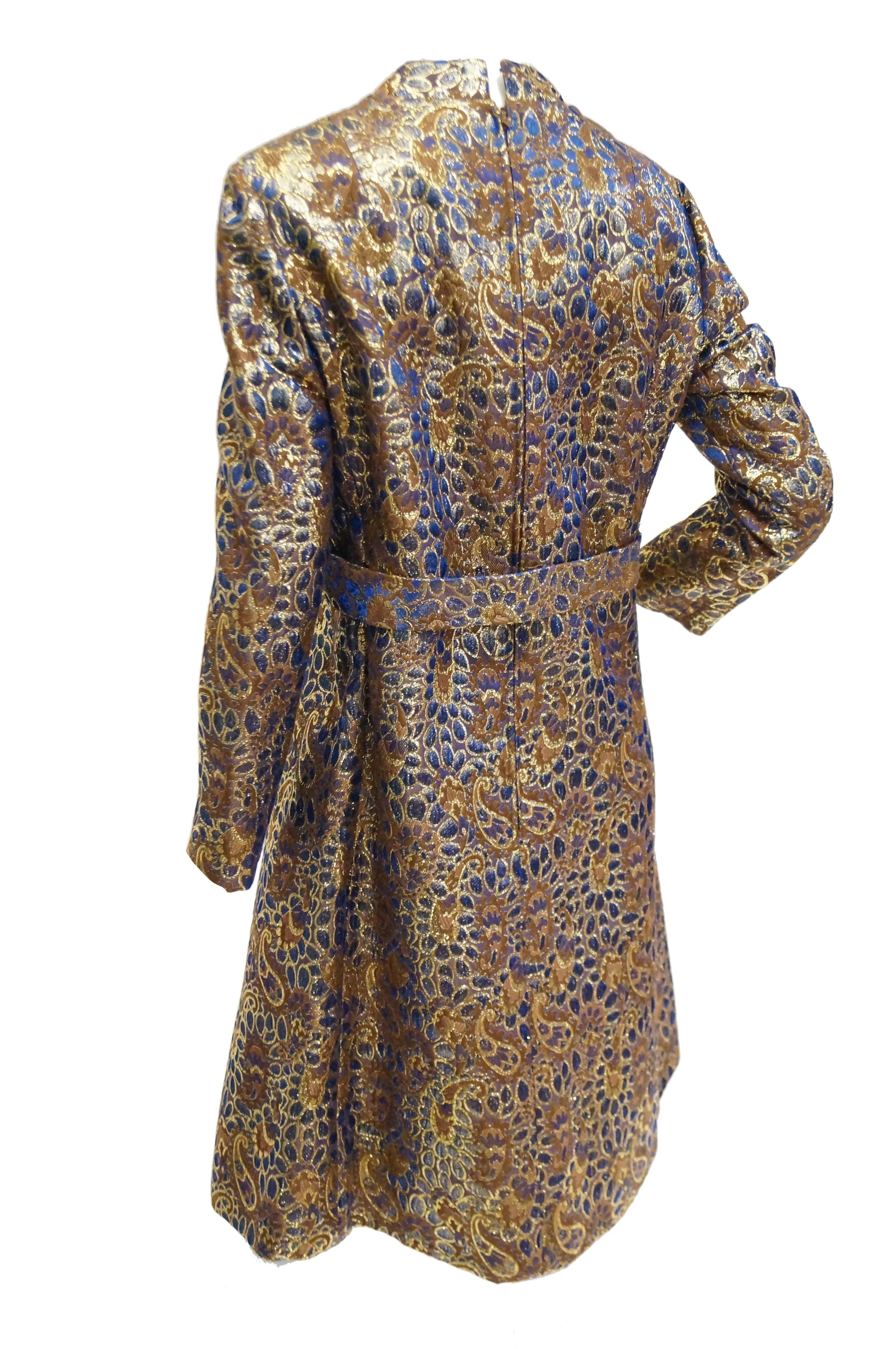 1960s Iridescent Blue and Brown Floral Brocade Mod Dress