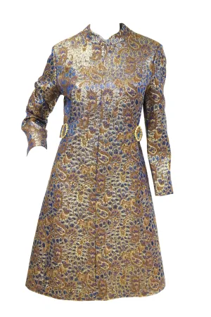 1960s Iridescent Blue and Brown Floral Brocade Mod Dress