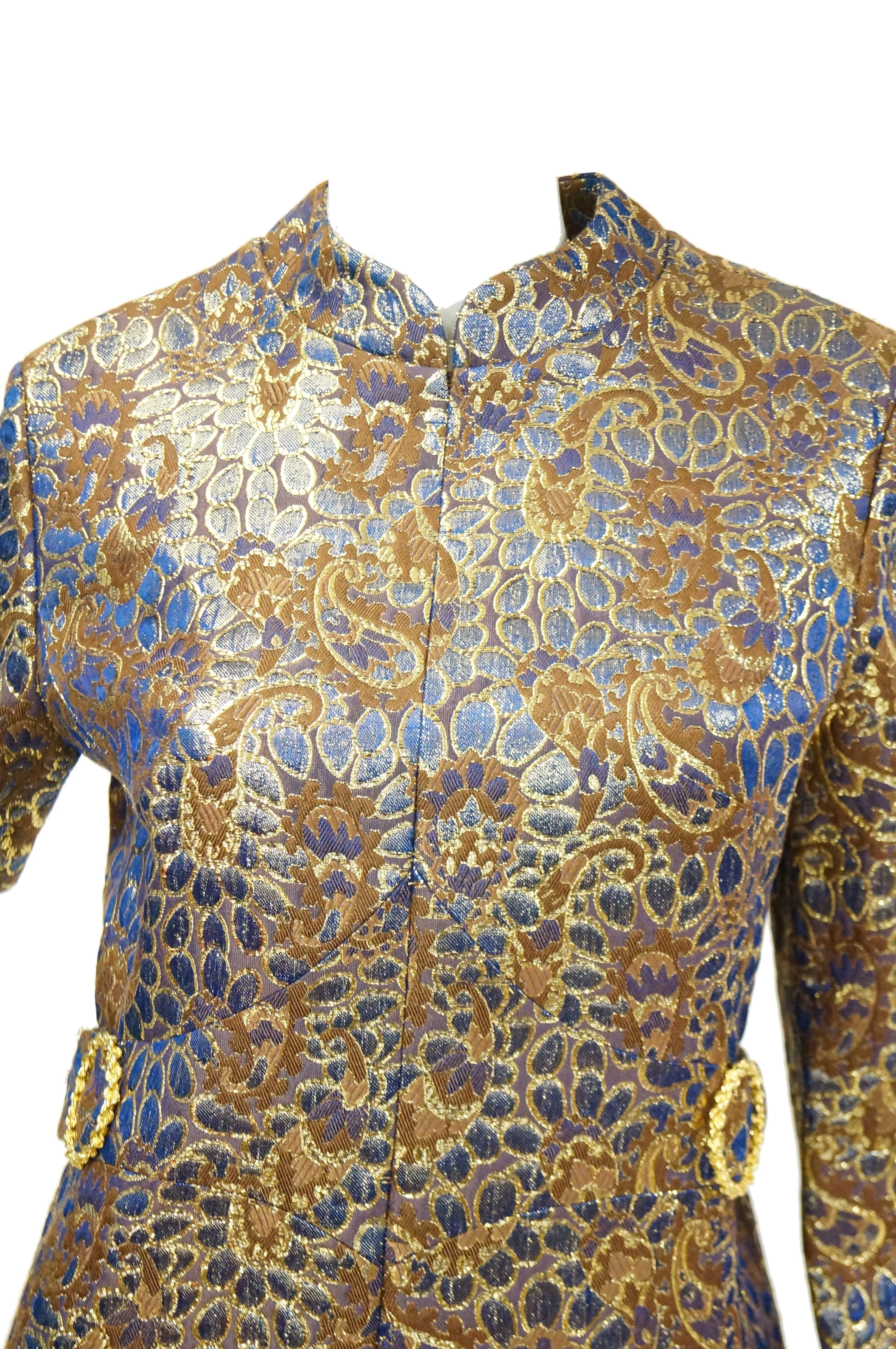 1960s Iridescent Blue and Brown Floral Brocade Mod Dress