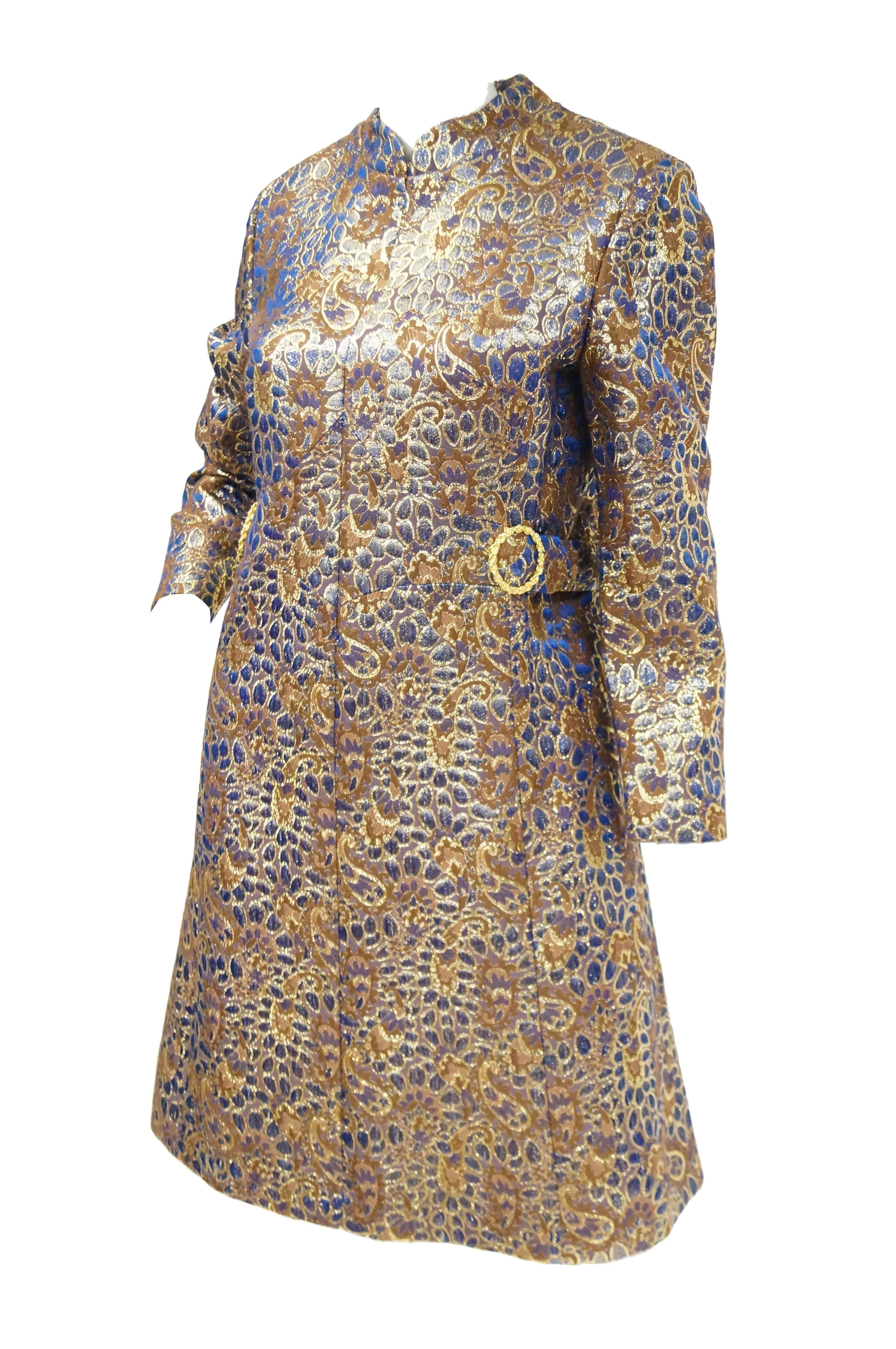 1960s Iridescent Blue and Brown Floral Brocade Mod Dress