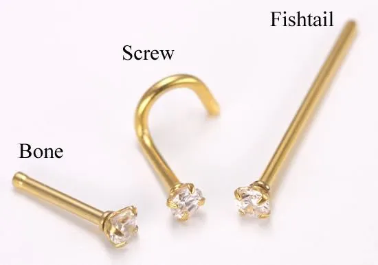 20g Nose Bone, Screw or Fishtail with 2.5mm CZ 24kt gold plated