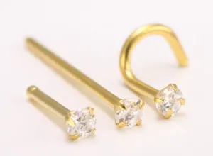 20g Nose Bone, Screw or Fishtail with 2.5mm CZ 24kt gold plated