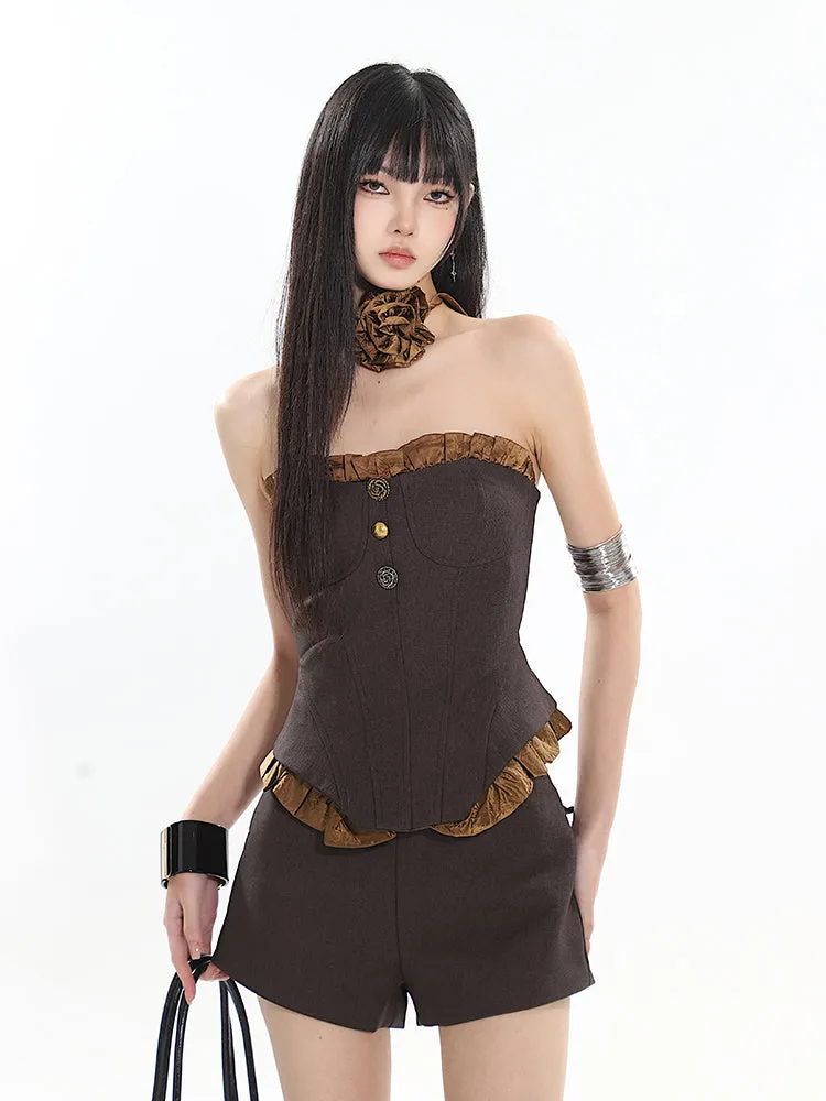 【24s Nov.】Niche Retro Button Tube Top Vest   Shorts Set