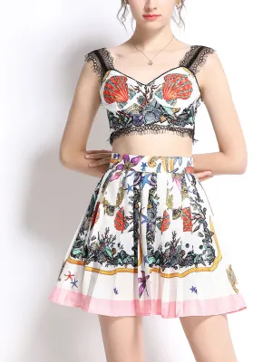 2PS White Lace Strap Sleeveless Top And Floral Print Pleated Mini Skirt Set