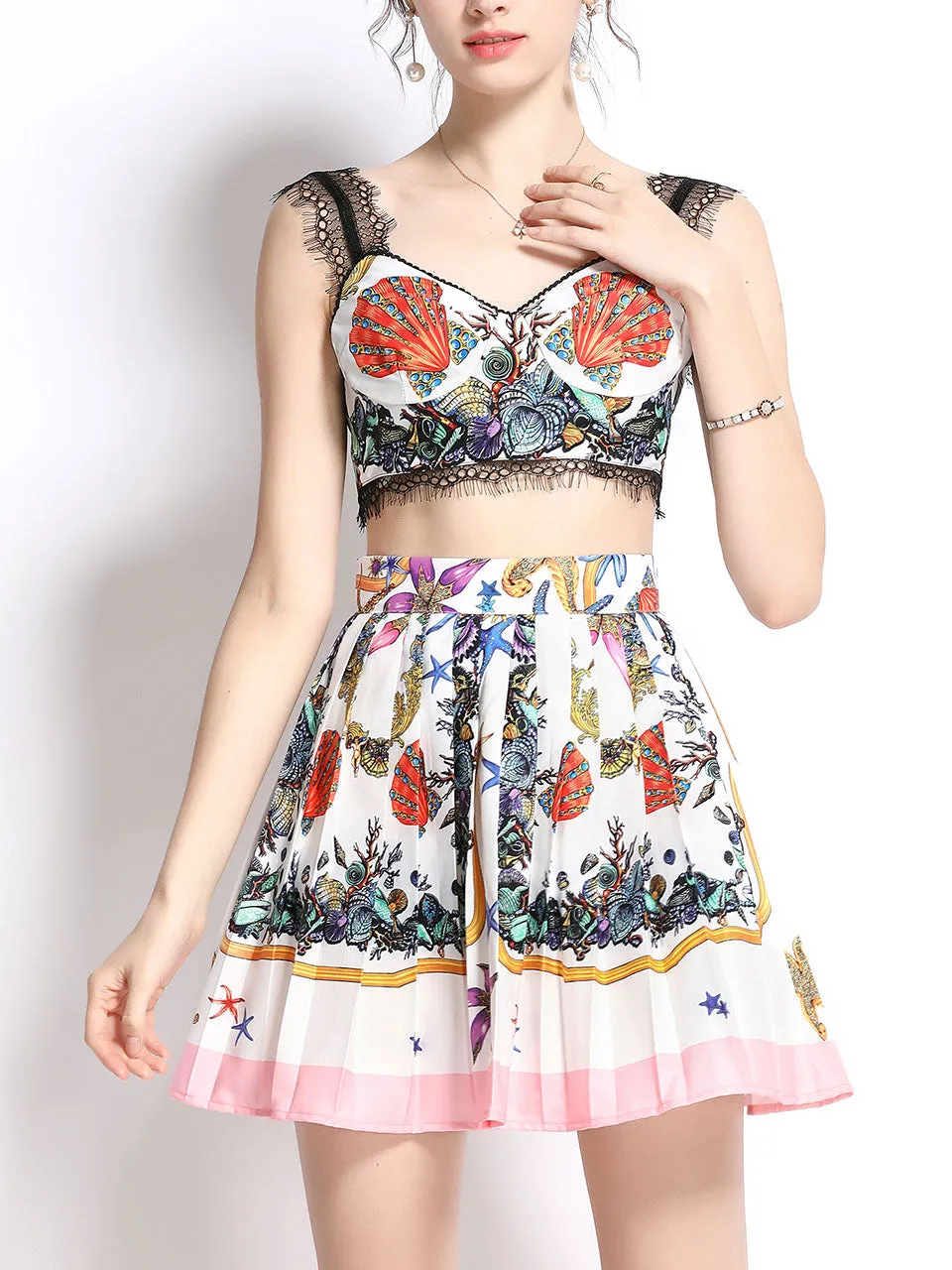 2PS White Lace Strap Sleeveless Top And Floral Print Pleated Mini Skirt Set