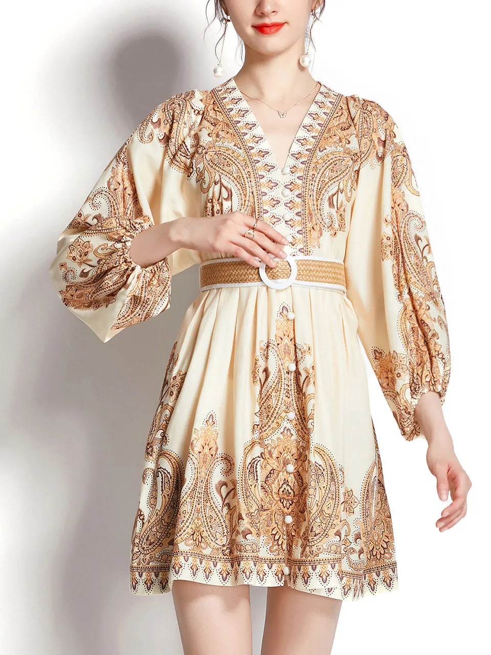 Apricot V Neck Floral Print Long Sleeve Boho Dress Mini Dress