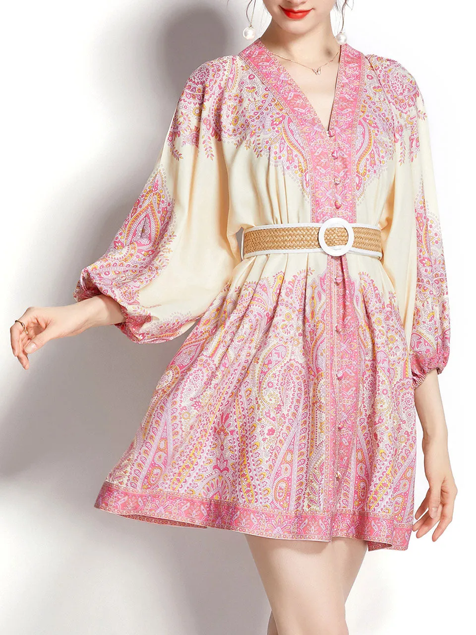 Apricot V Neck Floral Print Long Sleeve Boho Dress Mini Dress