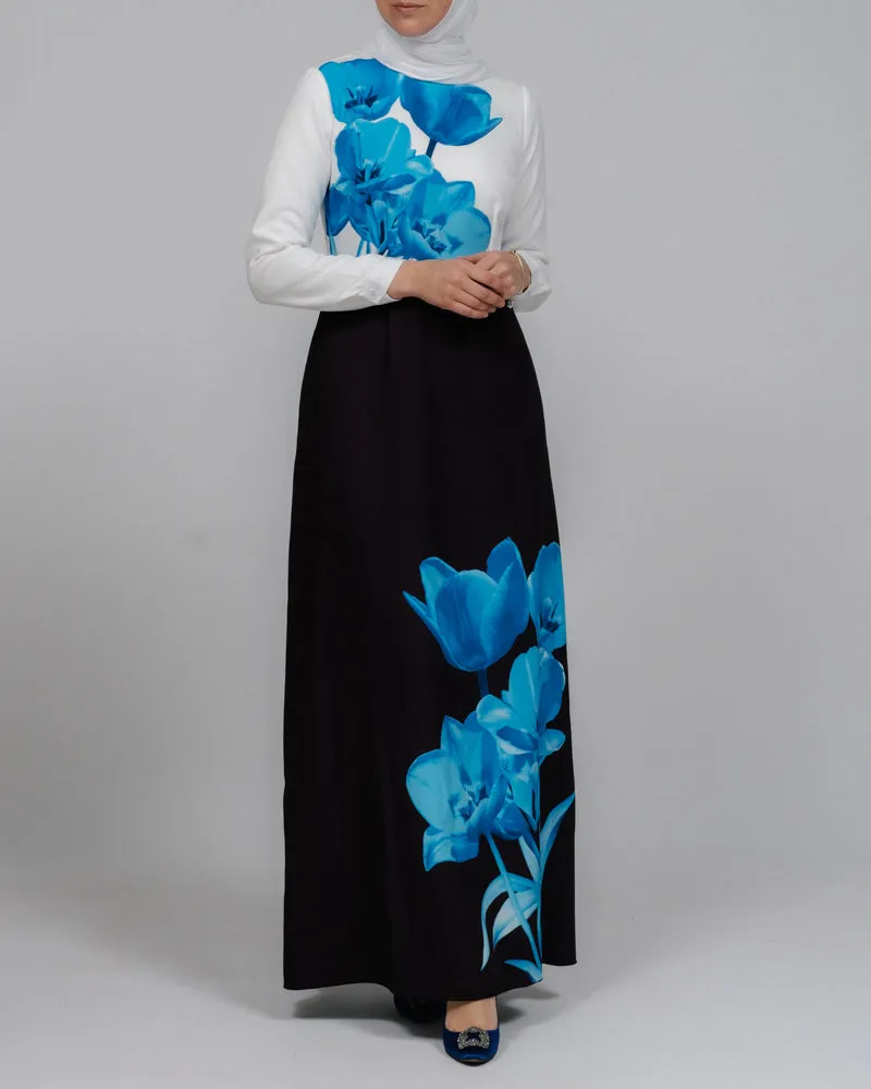 Aya maxi contrast 3D Floral print modest dress with long sleeve contrast white top