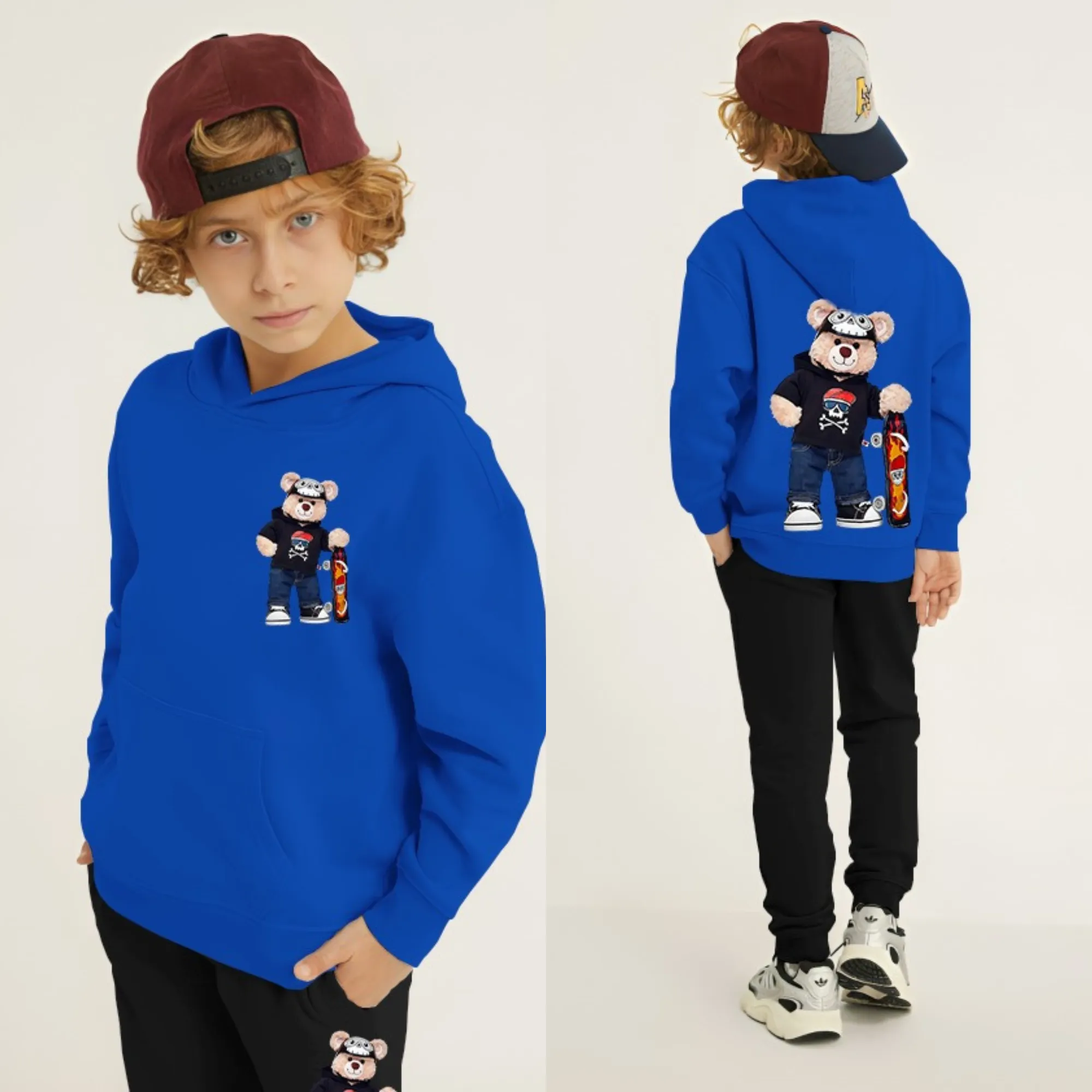 Bear Skateboard Printed Kids Hoodie Set