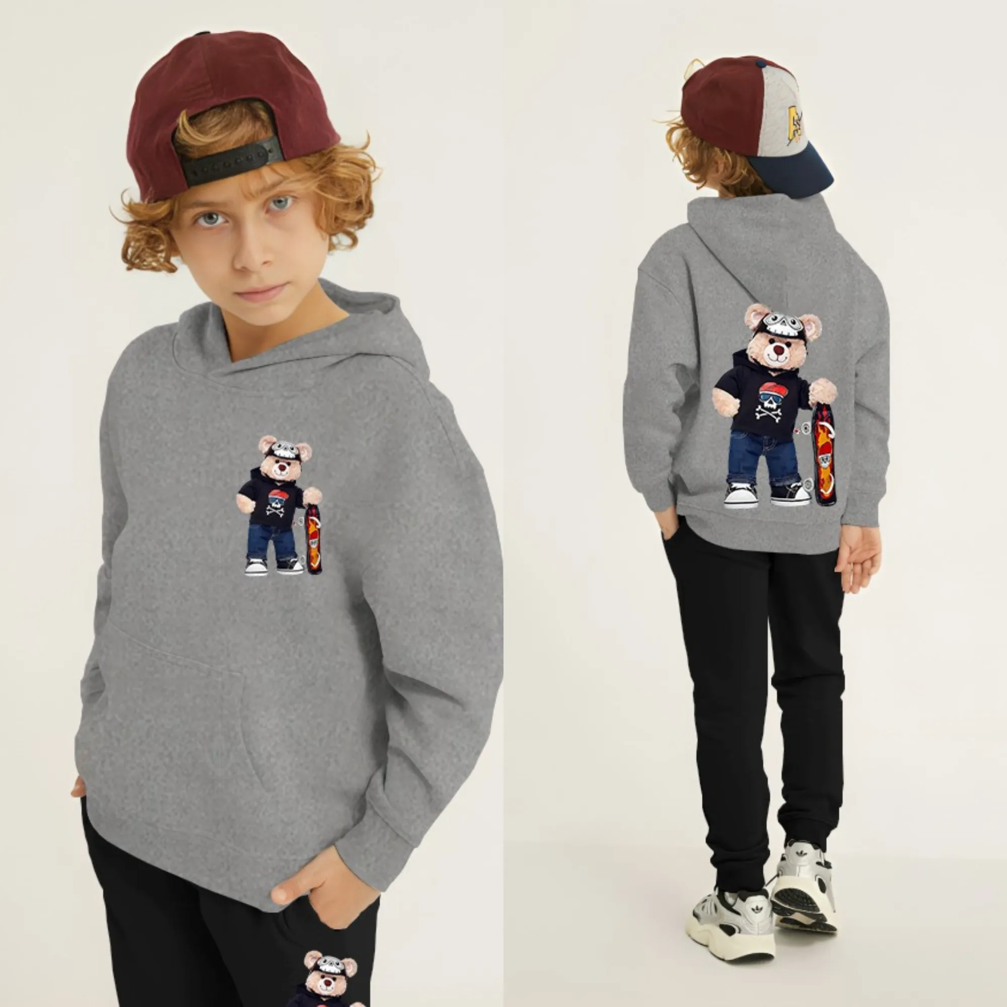 Bear Skateboard Printed Kids Hoodie Set