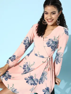 Berrylush Women Pink & Blue Floral Printed Crepe Mini Wrap Dress