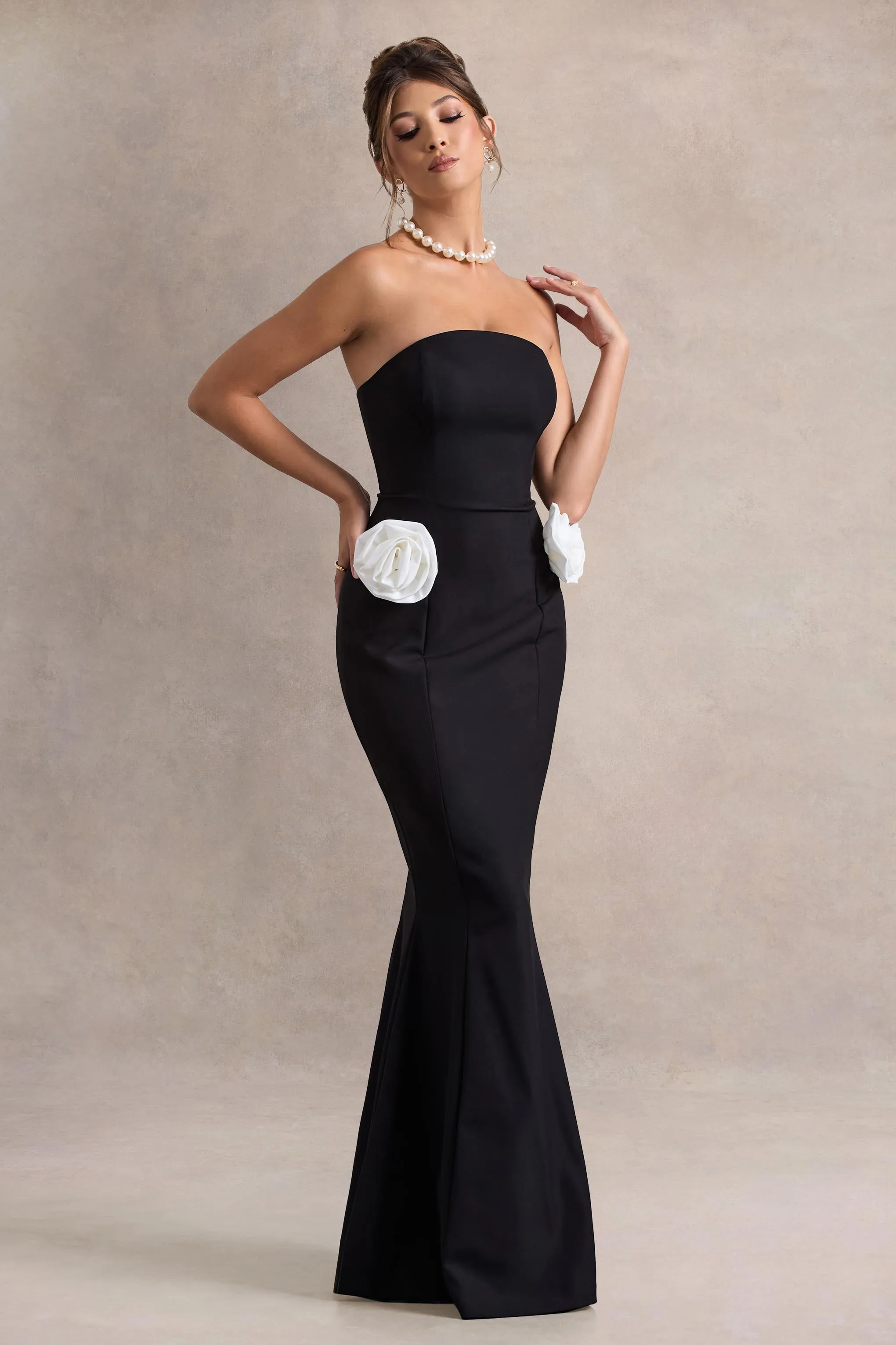 Best Of The Best | Black Strapless Fishtail Maxi Dress With Corsages