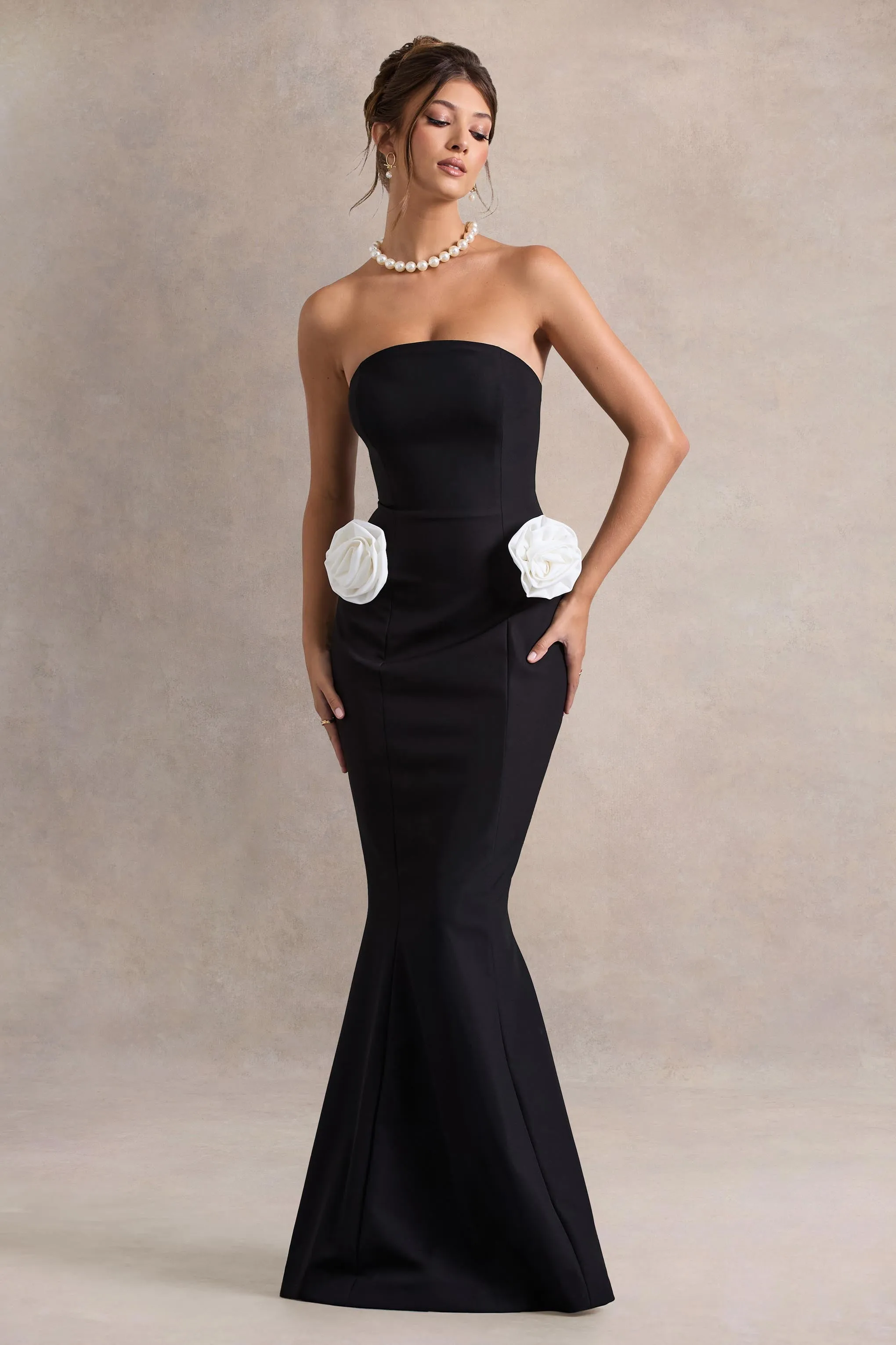 Best Of The Best | Black Strapless Fishtail Maxi Dress With Corsages