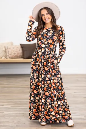 Black and Orange Floral Long Sleeve Maxi Dress