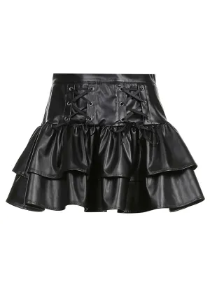 Black Strappy Y2K Pleated Leather Skirt Cherrykitten