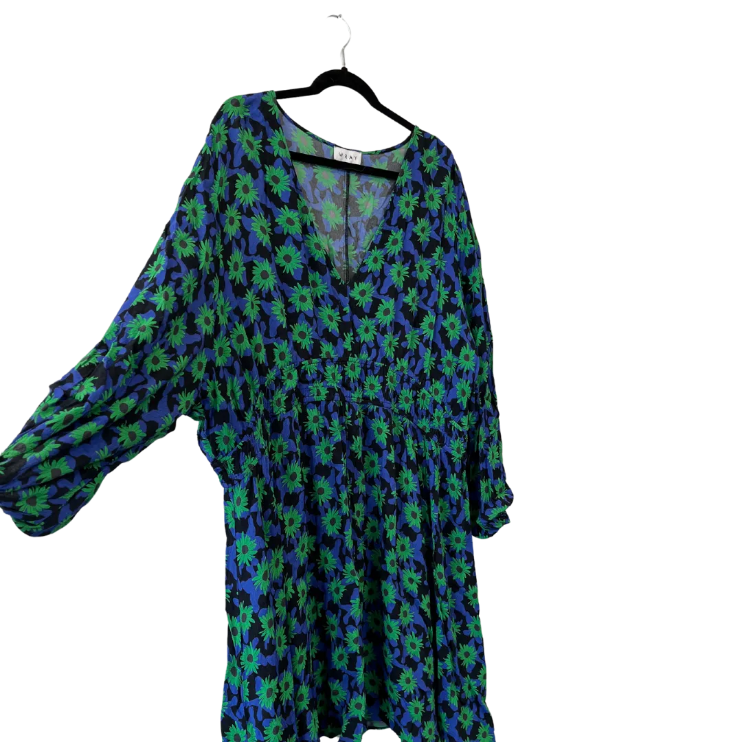 blue & green floral print dress with long sleeves - 3X