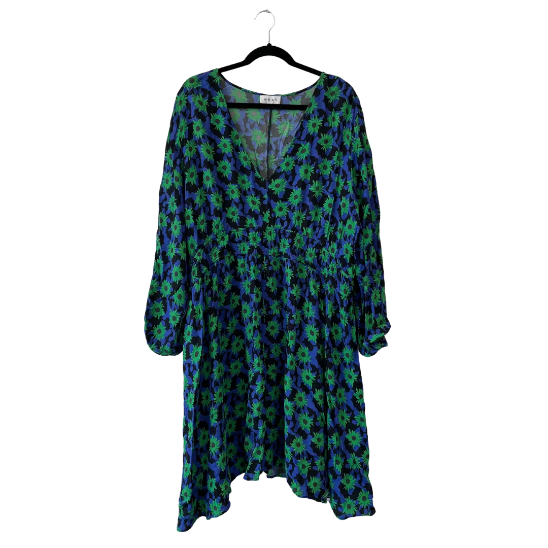 blue & green floral print dress with long sleeves - 3X