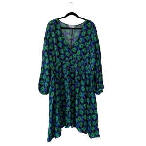 blue & green floral print dress with long sleeves - 3X