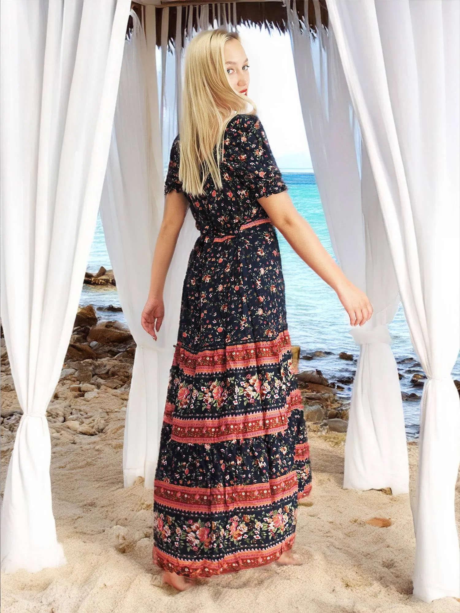 Bohemian Gypsy Hippy Cotton Light Weight Long Dress Black Floral S-M-L