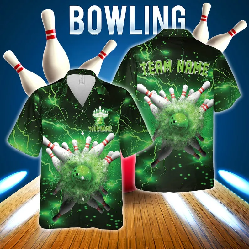 Bowling And Pins Multicolor Options Thunder Lightning Customized Name, Team Name 3D Hawaiian Shirt