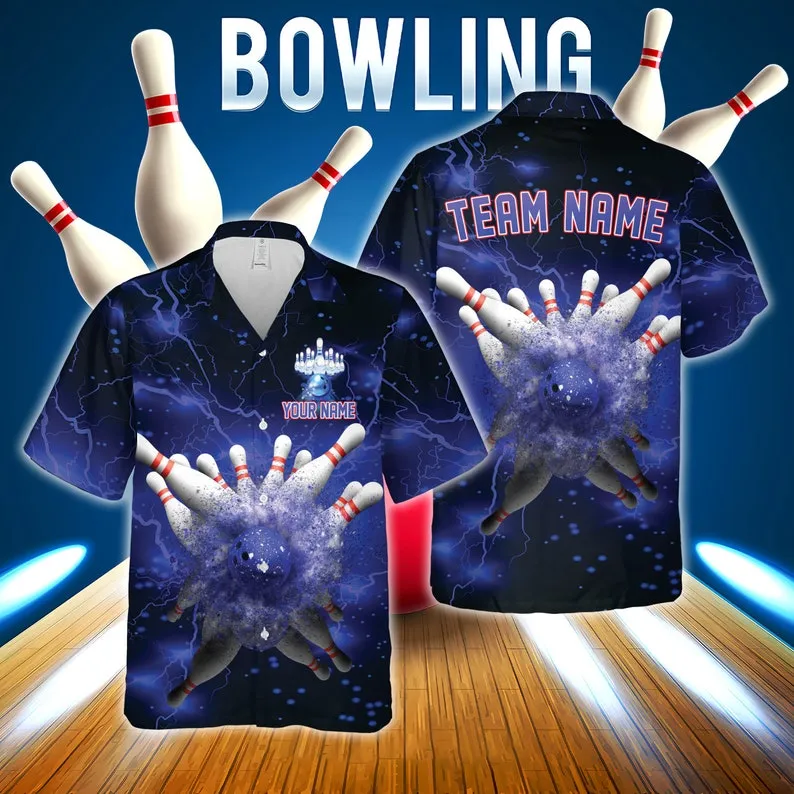 Bowling And Pins Multicolor Options Thunder Lightning Customized Name, Team Name 3D Hawaiian Shirt