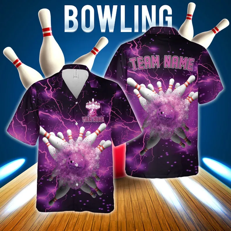 Bowling And Pins Multicolor Options Thunder Lightning Customized Name, Team Name 3D Hawaiian Shirt