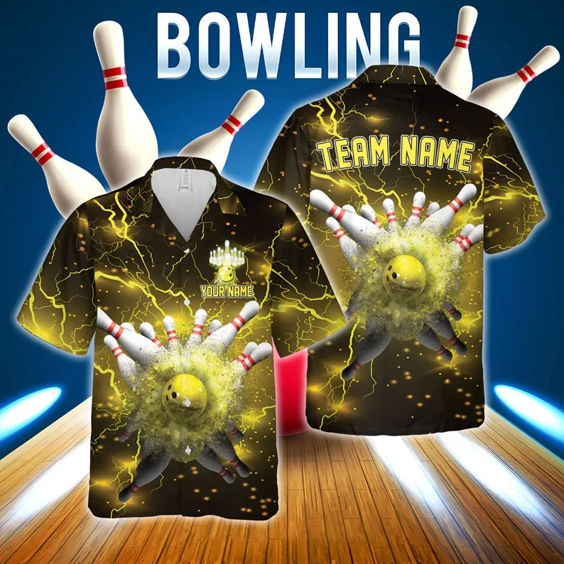 Bowling And Pins Multicolor Options Thunder Lightning Customized Name, Team Name 3D Hawaiian Shirt