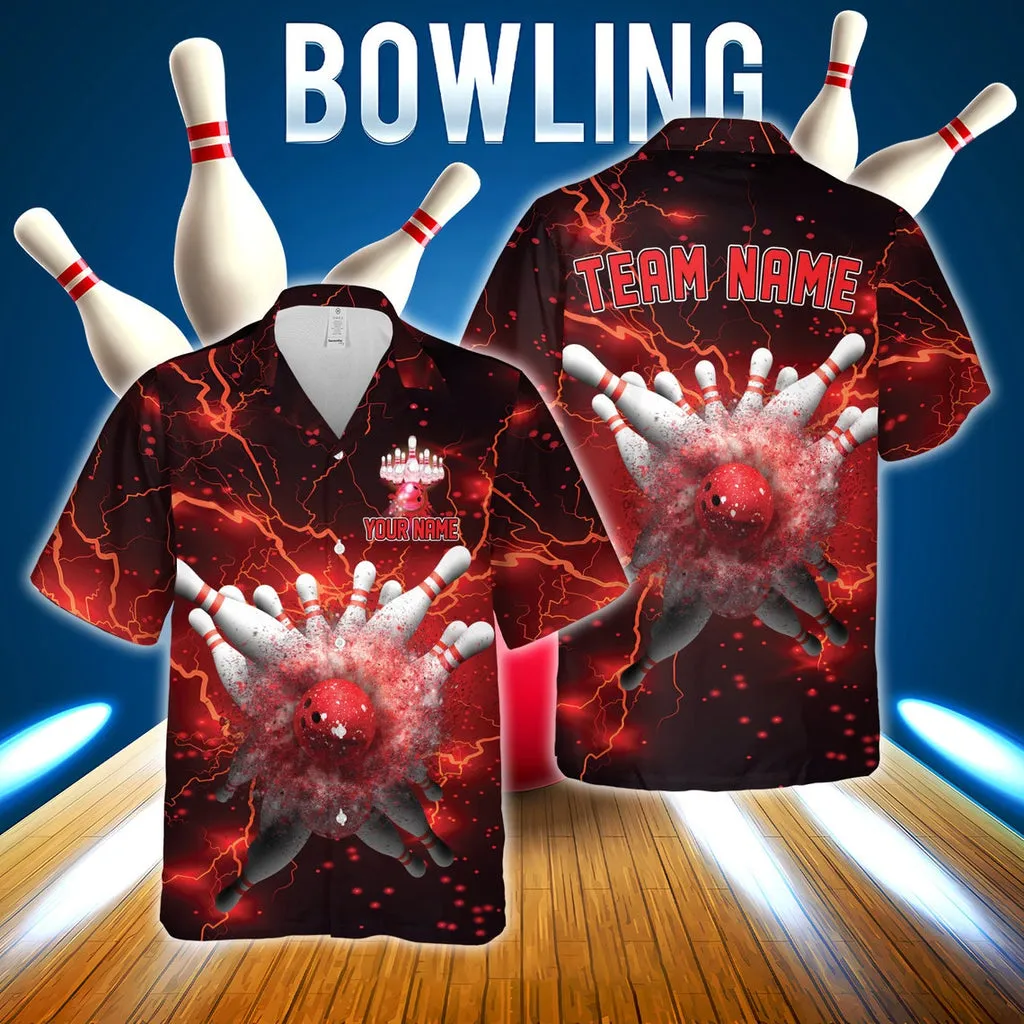 Bowling And Pins Multicolor Options Thunder Lightning Customized Name, Team Name 3D Hawaiian Shirt