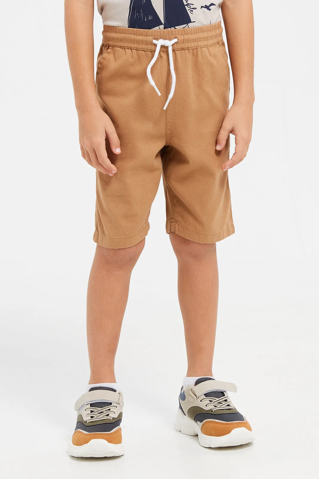 Boys Brown And Beige Hooded Shirt And Short Set (3 Piece)