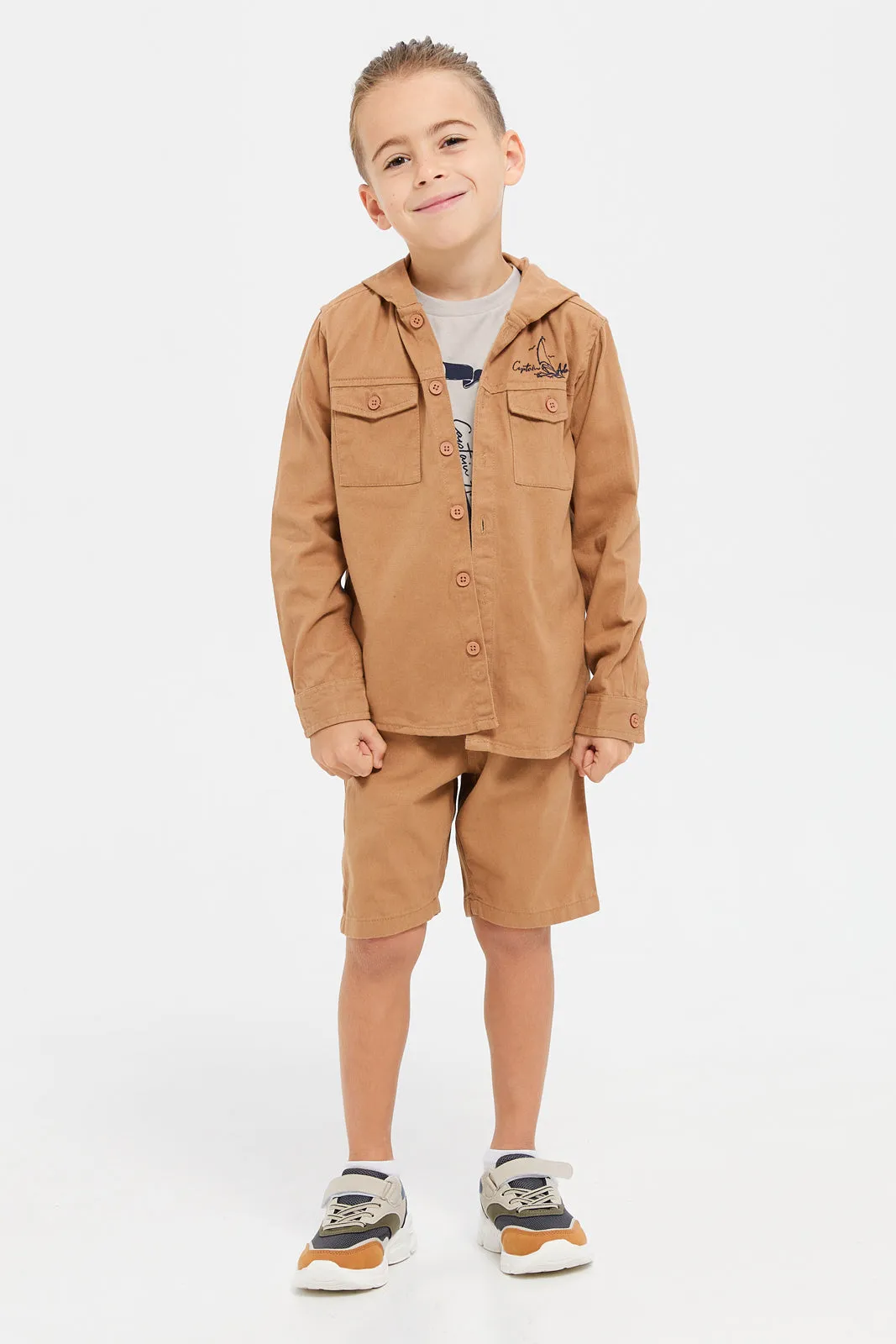 Boys Brown And Beige Hooded Shirt And Short Set (3 Piece)