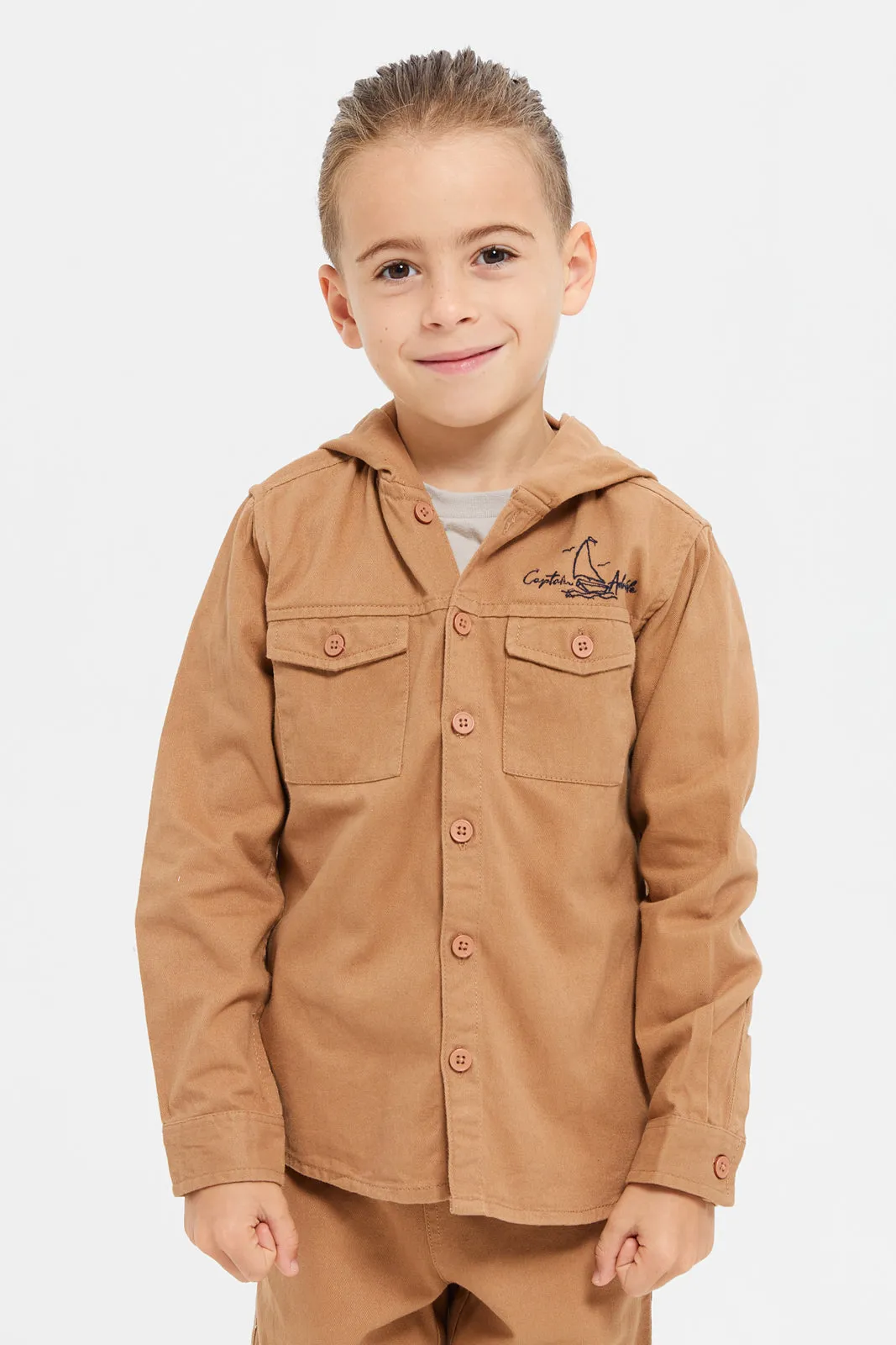 Boys Brown And Beige Hooded Shirt And Short Set (3 Piece)