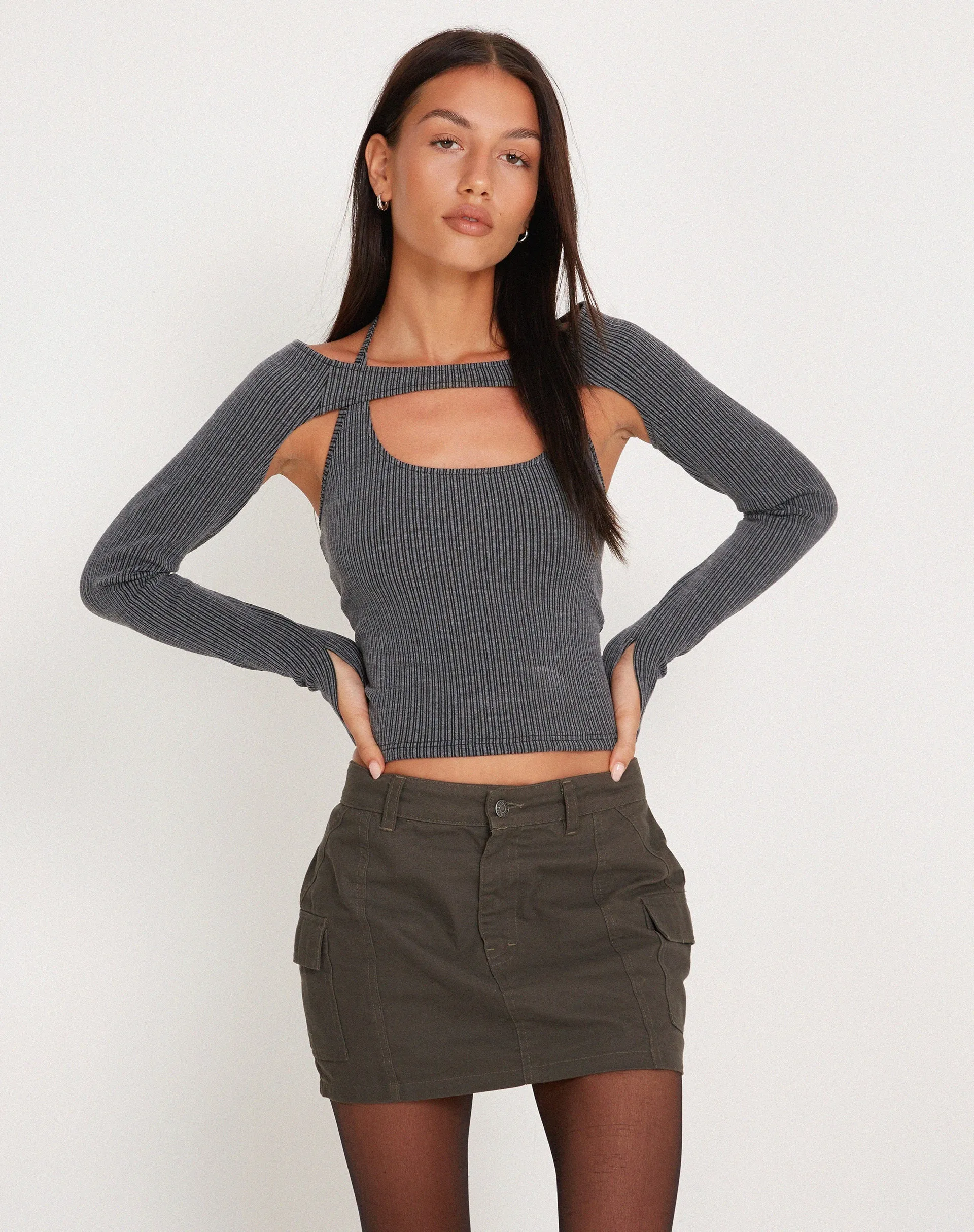 Brandy Long Sleeve Top in Two Tone Rib Charcoal