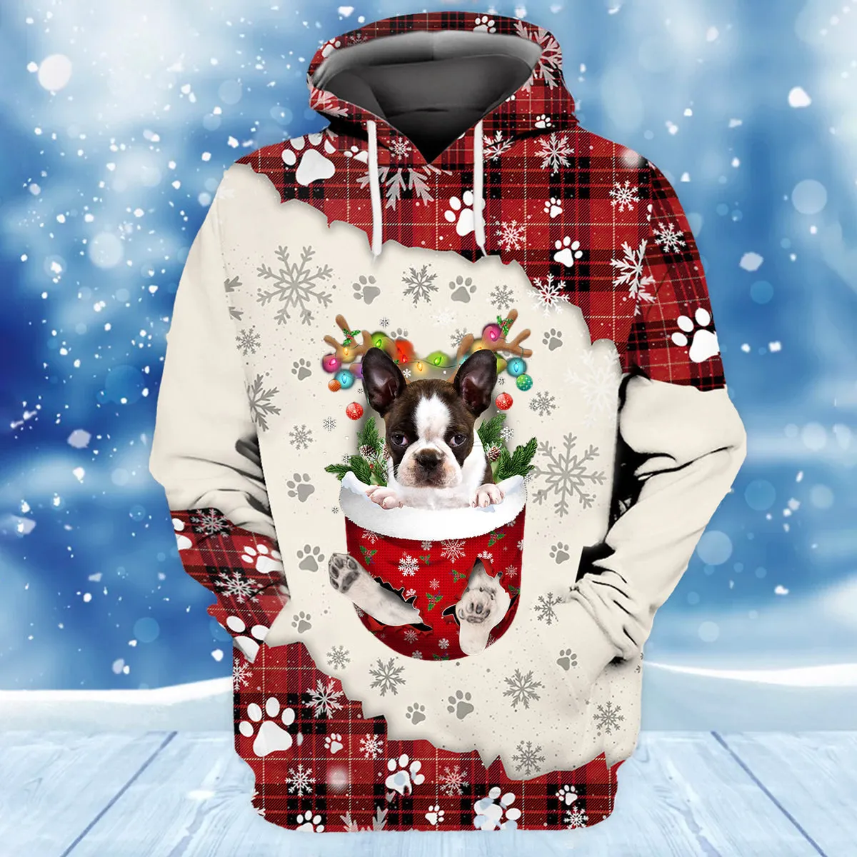 BRINDLE Boston Terrier In Snow Pocket Merry Christmas Unisex Hoodie