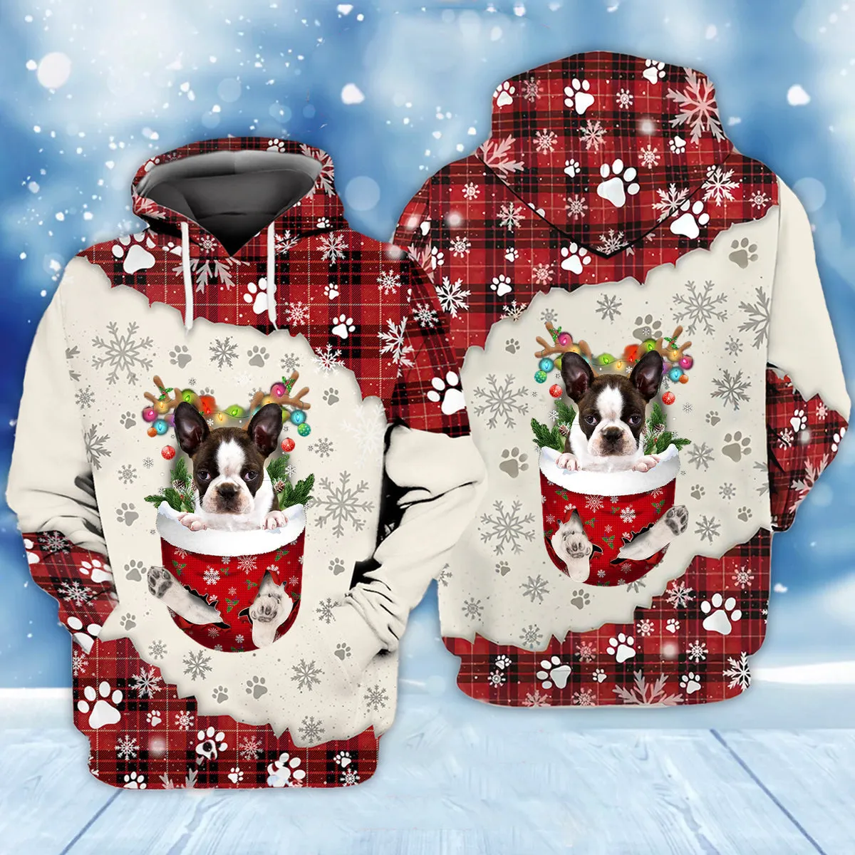 BRINDLE Boston Terrier In Snow Pocket Merry Christmas Unisex Hoodie