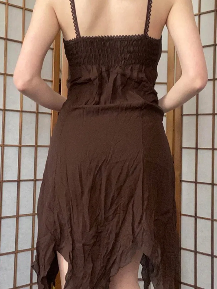 Brown Lace Spliced Halter Sleeveless Dress