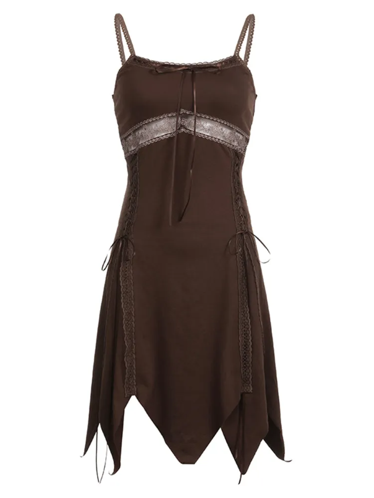 Brown Lace Spliced Halter Sleeveless Dress