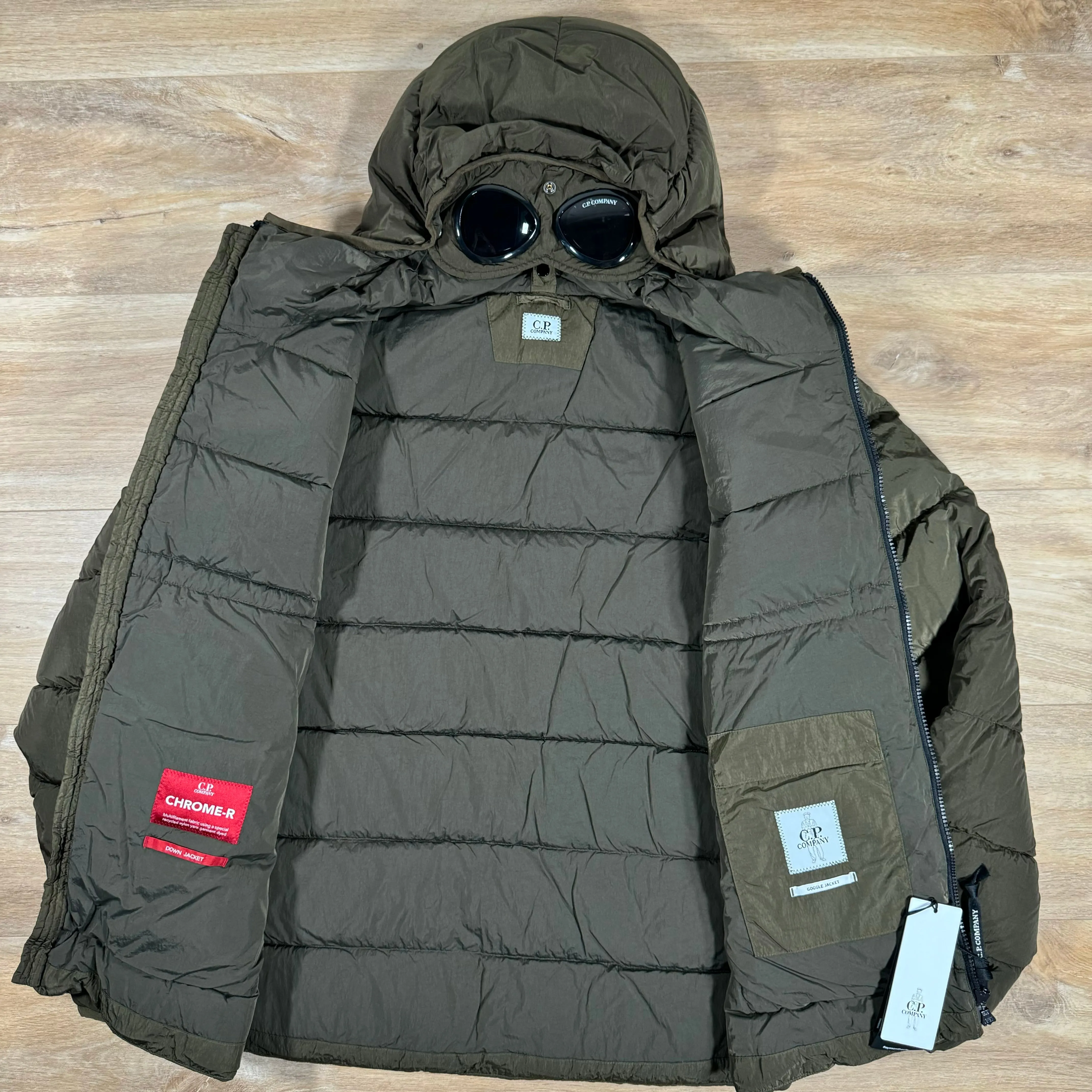 C.P. Company Chrome-R Goggle Down Jacket in Ivy Green