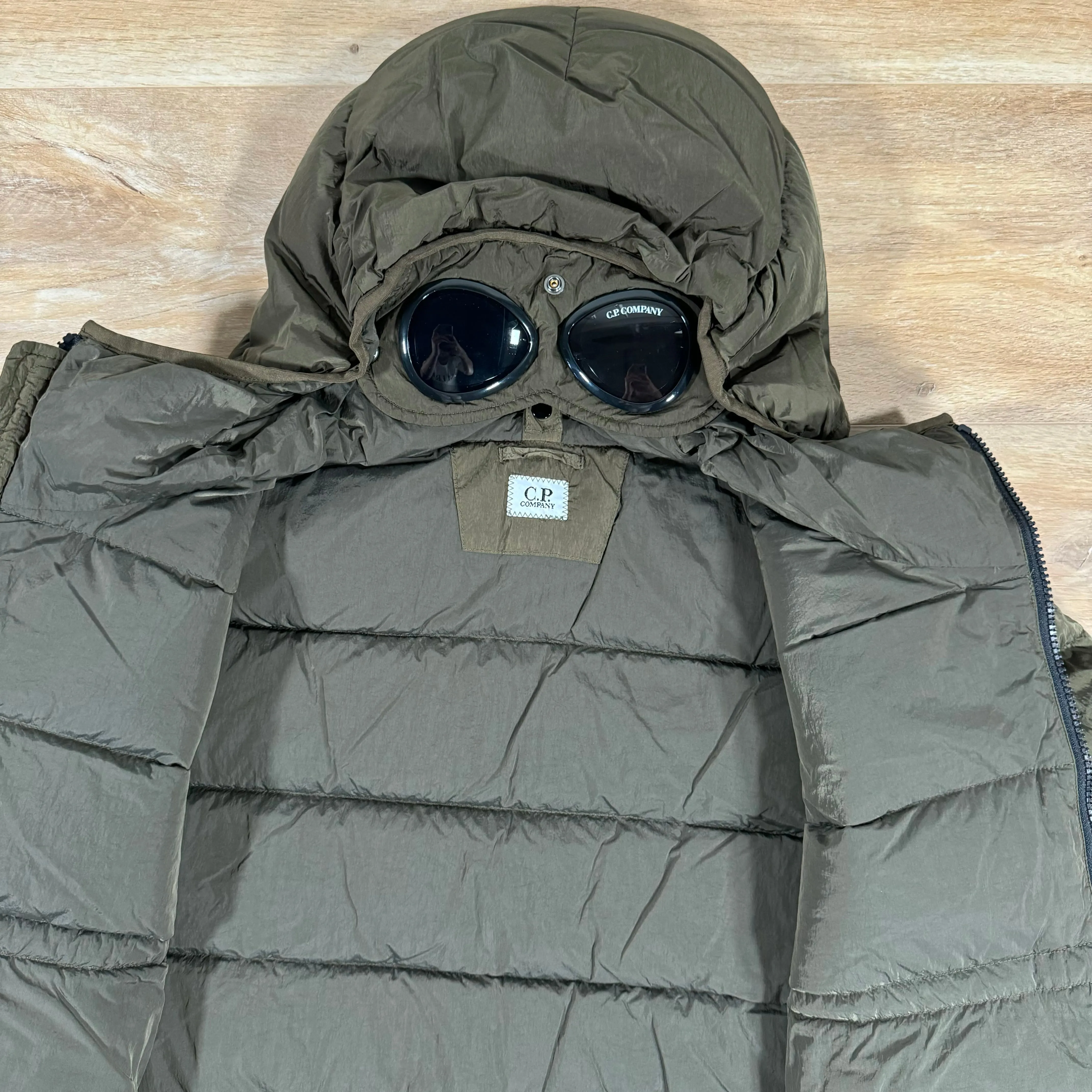 C.P. Company Chrome-R Goggle Down Jacket in Ivy Green