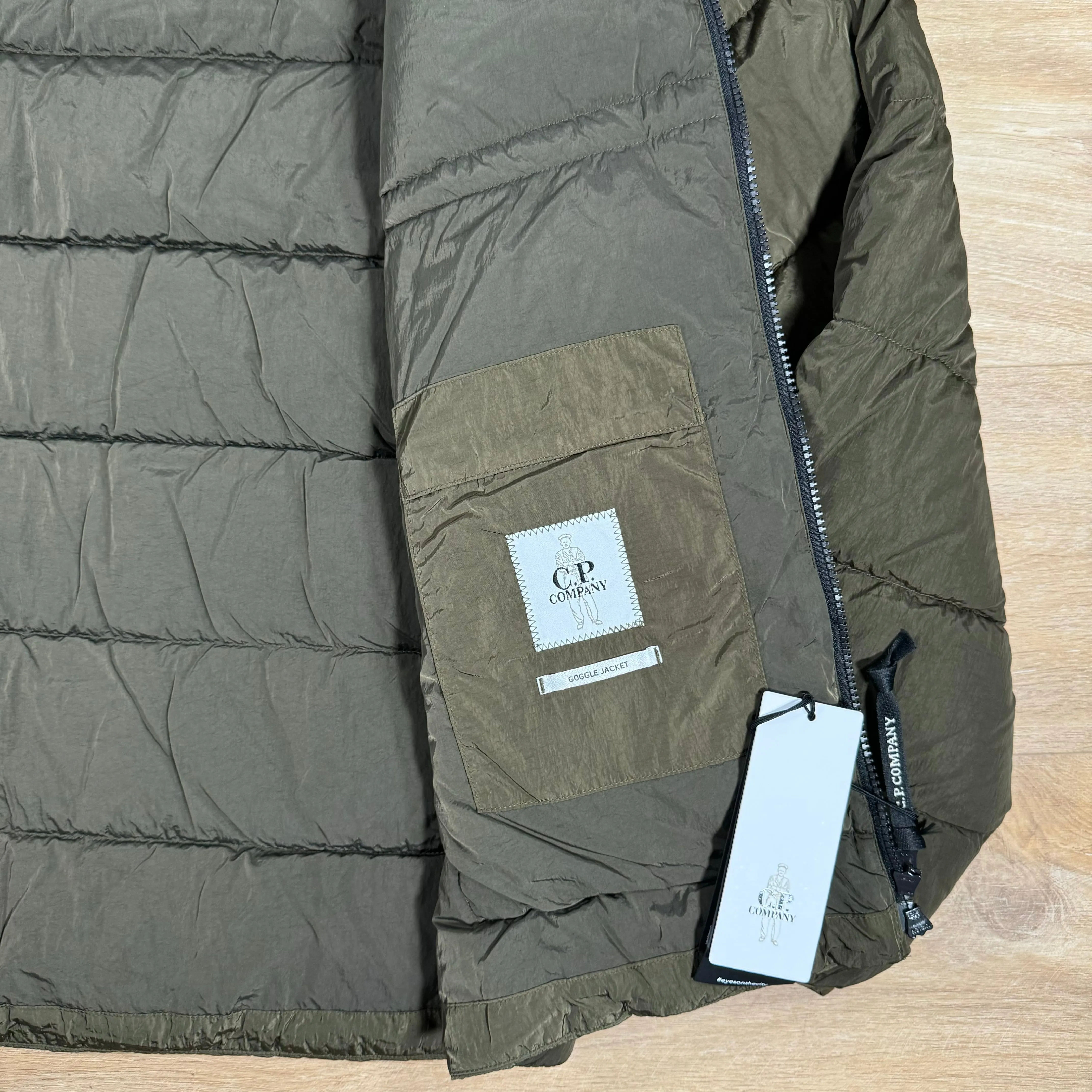 C.P. Company Chrome-R Goggle Down Jacket in Ivy Green