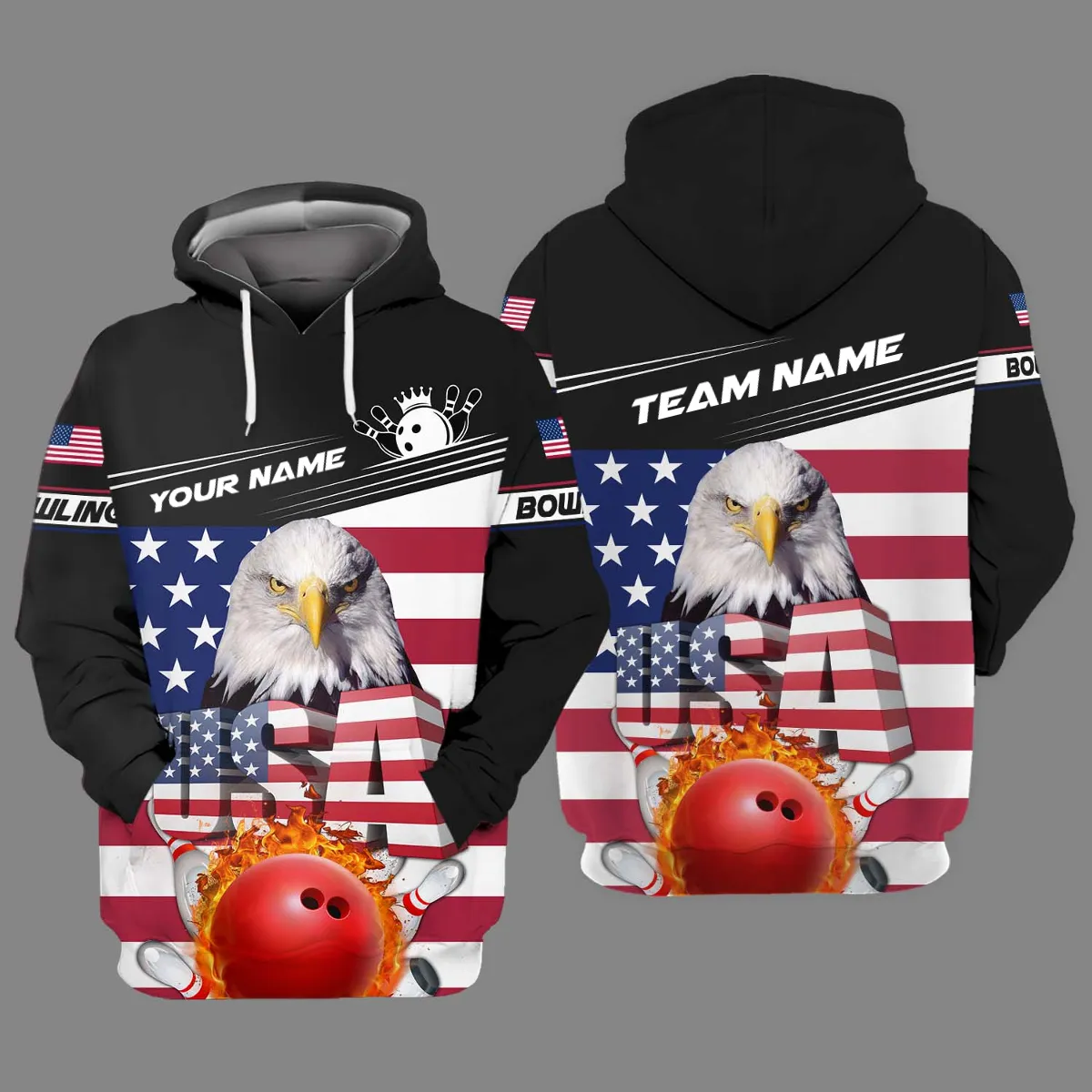 Custom Name Bowling and Pin USA Eagle Flag Pattern 3D Sweatshirt Hoodie, Gift for Bowling Team