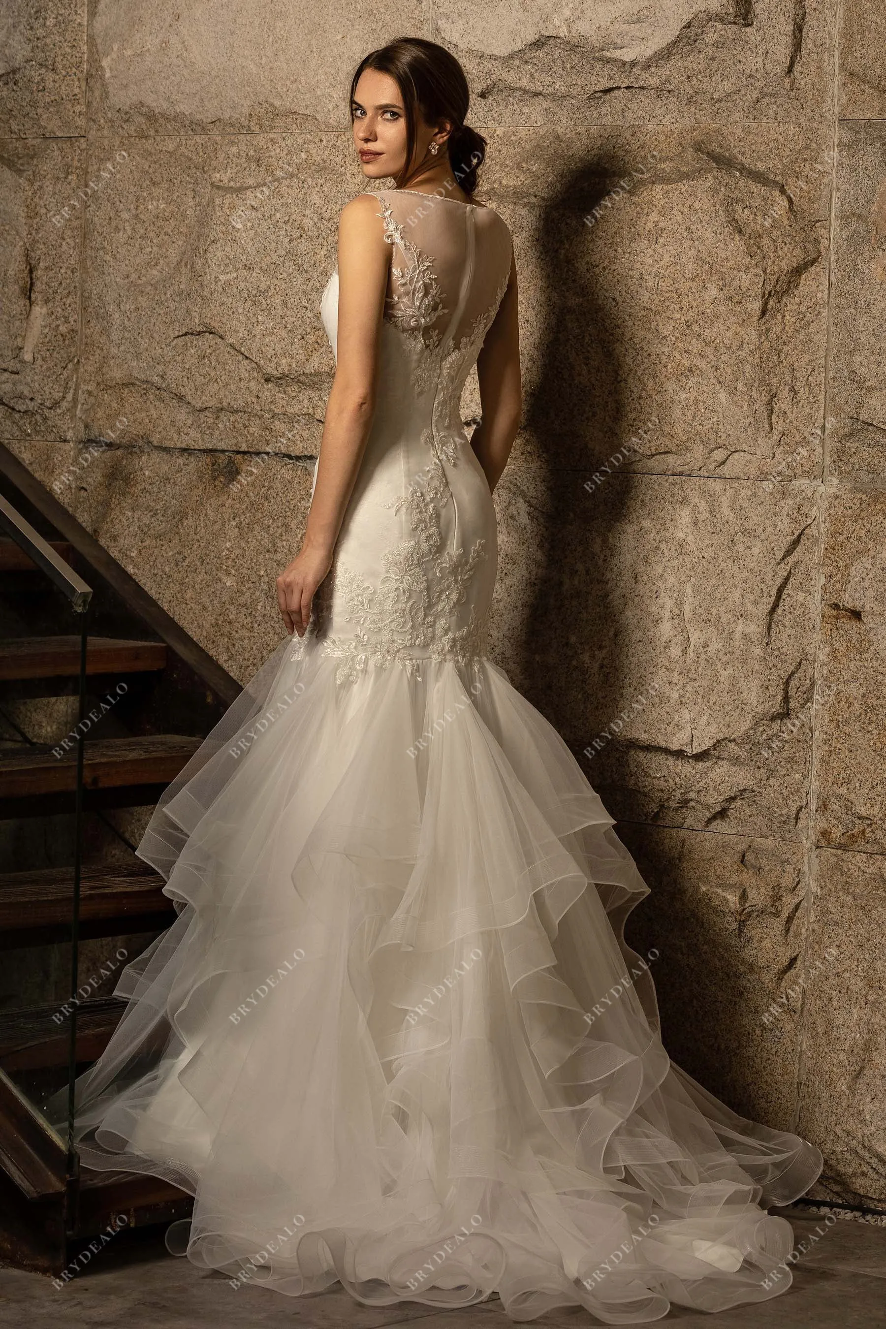 Designer Beaded Lace Ruffled Tulle Dream Trumpet Wedding Dress