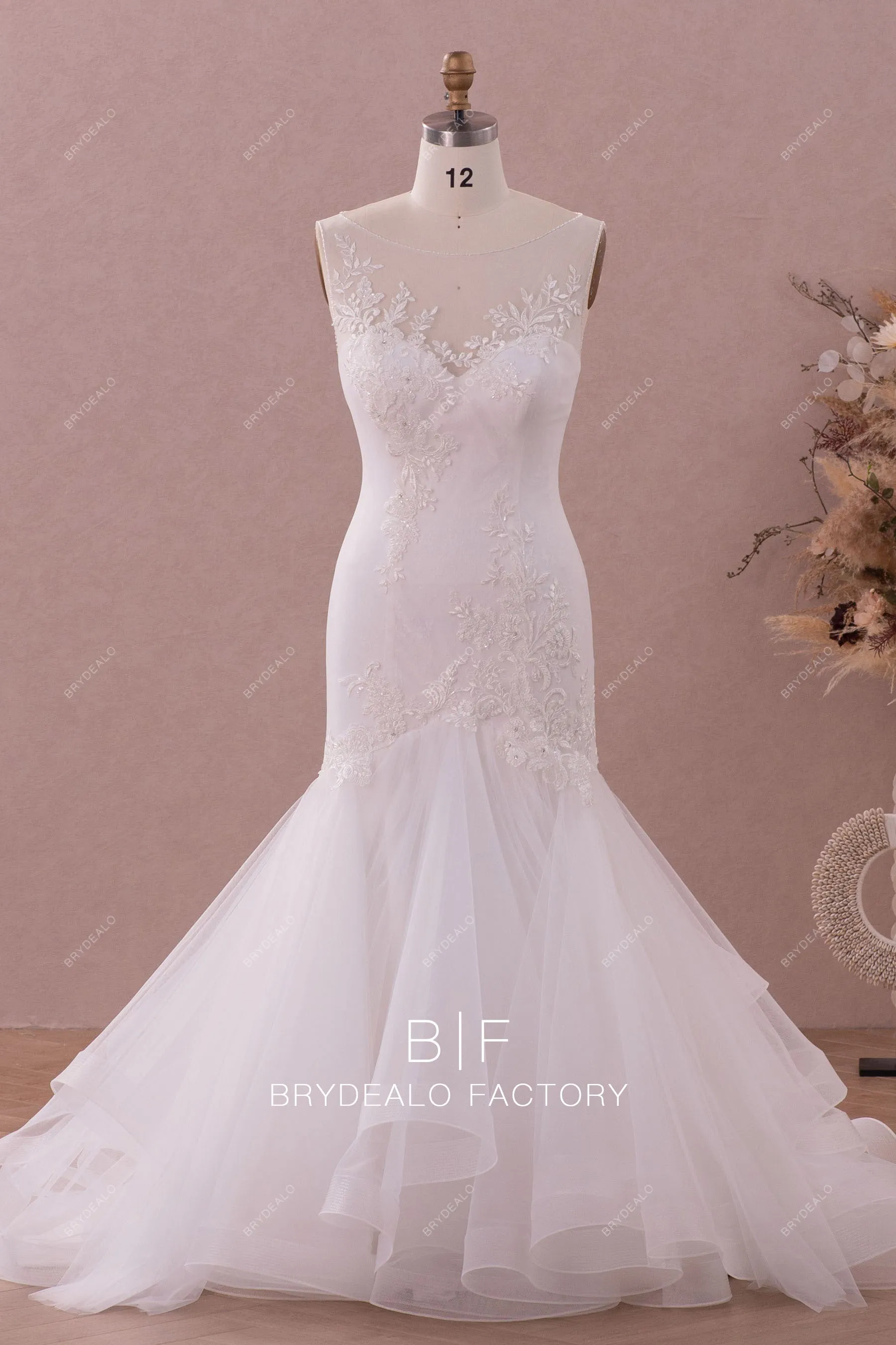 Designer Beaded Lace Ruffled Tulle Dream Trumpet Wedding Dress