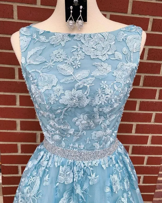 Dusty Blue 2021 A-line Backless Prom Dress Long Dusty Blue Lace Formal Dress #21011220