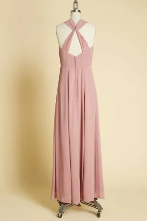 Dusty Pink Twist-Front Backless Long Formal Dress