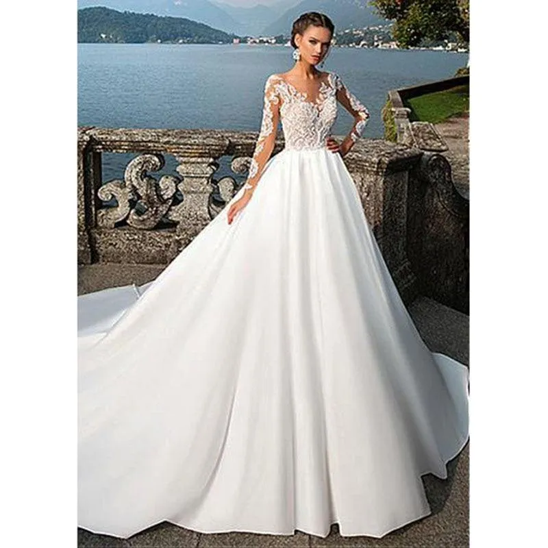 Elegant Satin V-Neck A-Line Wedding Dresses With Lace Appliques Long Sleeves Bridal Dress Wedding Gown