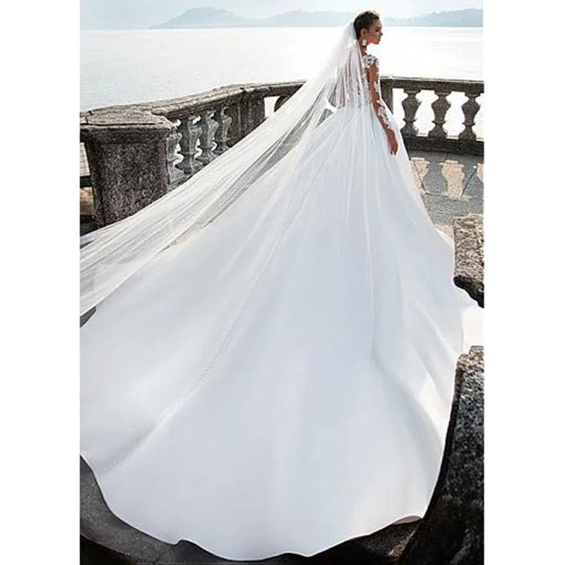 Elegant Satin V-Neck A-Line Wedding Dresses With Lace Appliques Long Sleeves Bridal Dress Wedding Gown