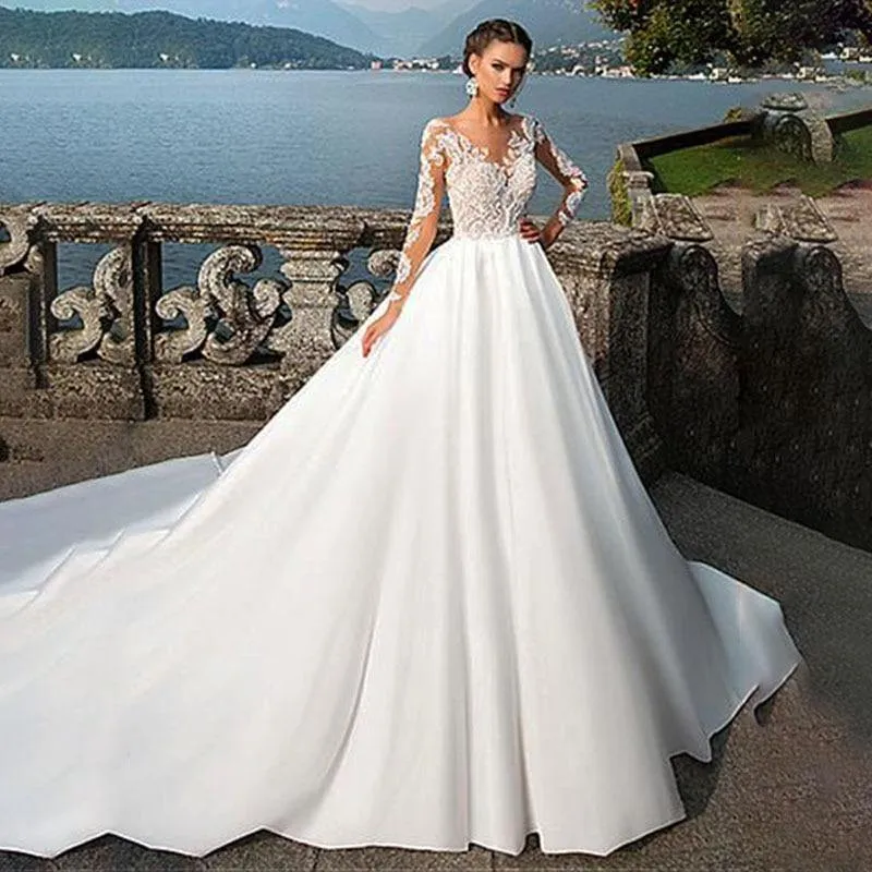 Elegant Satin V-Neck A-Line Wedding Dresses With Lace Appliques Long Sleeves Bridal Dress Wedding Gown