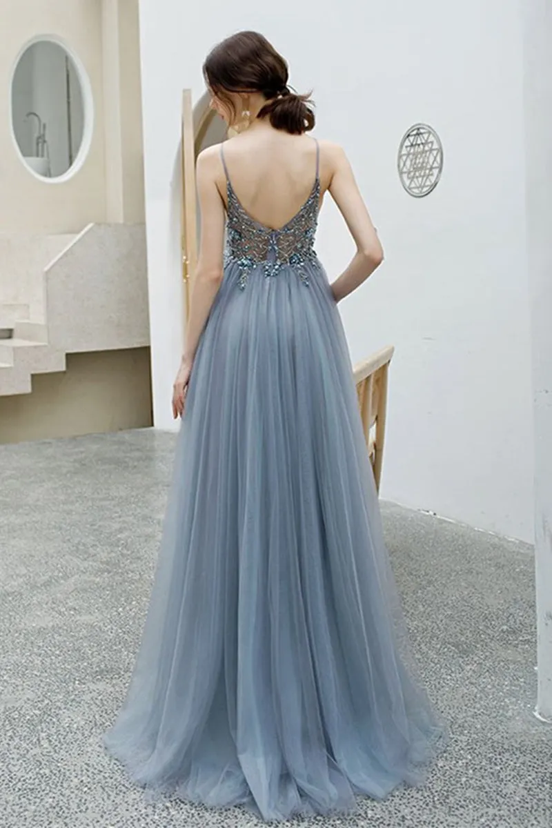 Elegant V Neck Backless Grey Long Beaded Prom Dress with Slit, Backless Grey Beaded Formal Graduation Evening Dress