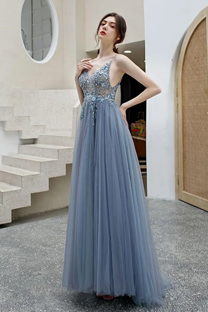 Elegant V Neck Backless Grey Long Beaded Prom Dress with Slit, Backless Grey Beaded Formal Graduation Evening Dress