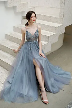 Elegant V Neck Backless Grey Long Beaded Prom Dress with Slit, Backless Grey Beaded Formal Graduation Evening Dress